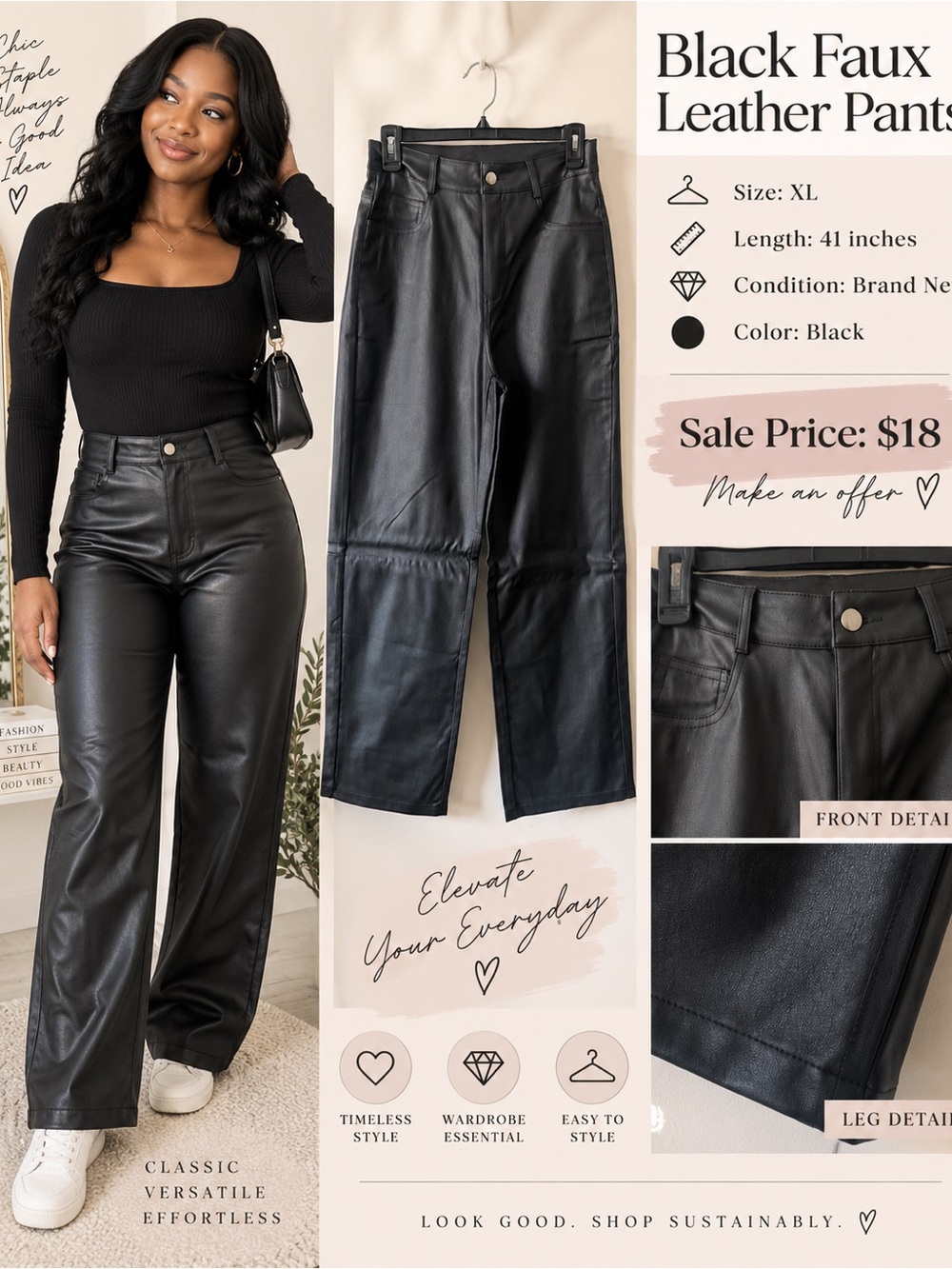 Black Faux Leather Wide-Leg Pants